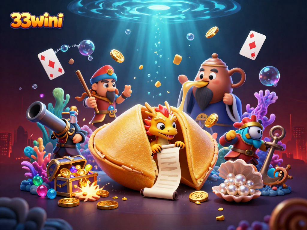 Play with 33wini and win treasures as golden crumbs float amidst a vibrant 3D casino scene.