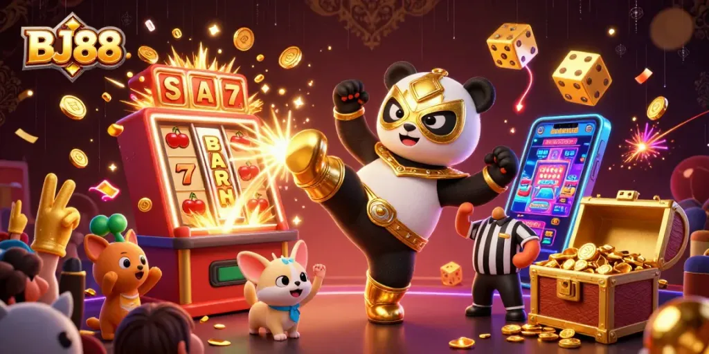 BJ88 Casino scene with panda wrestler and chihuahua referee celebrating a jackpot amidst vibrant game elements.