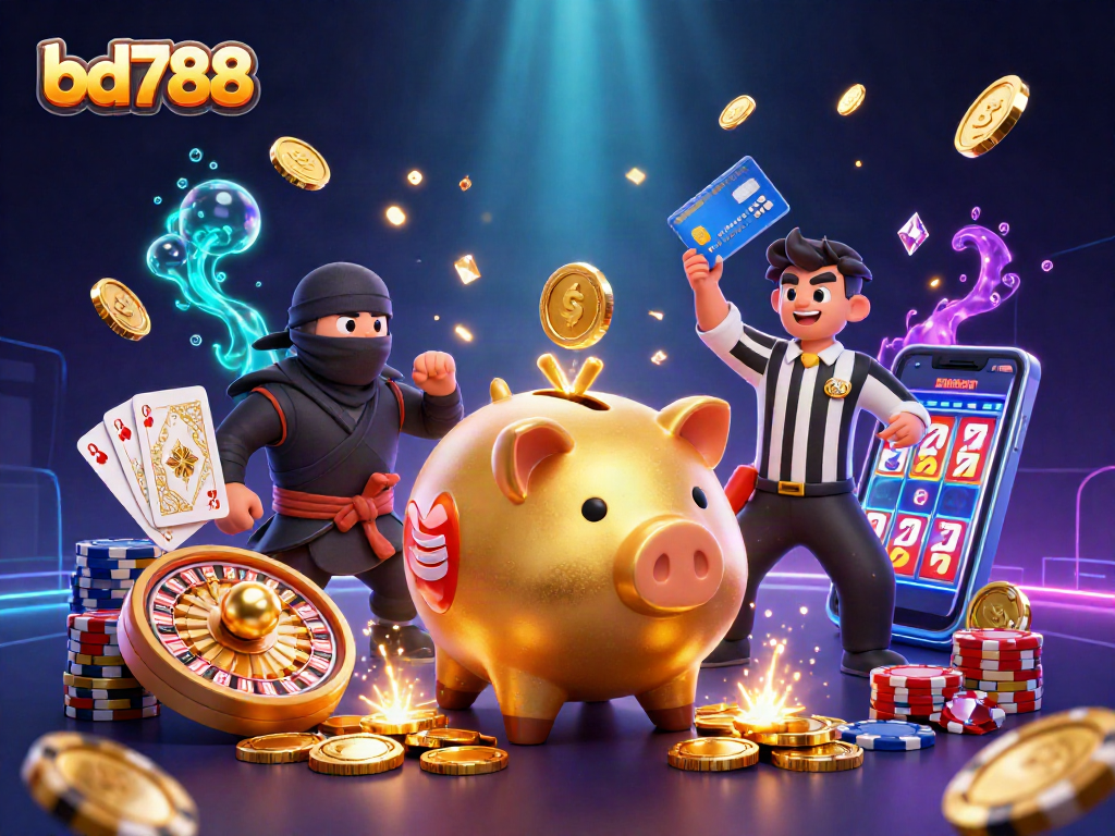 Engage with the exciting bd788 casino scene featuring a piggy bank sumo wrestler, a wallet ninja, and a card samurai.