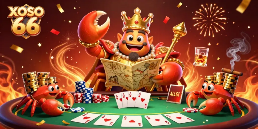 XOSO 66 celebrates casino gaming with a vibrant scene featuring a golden crab emperor and poker elements.