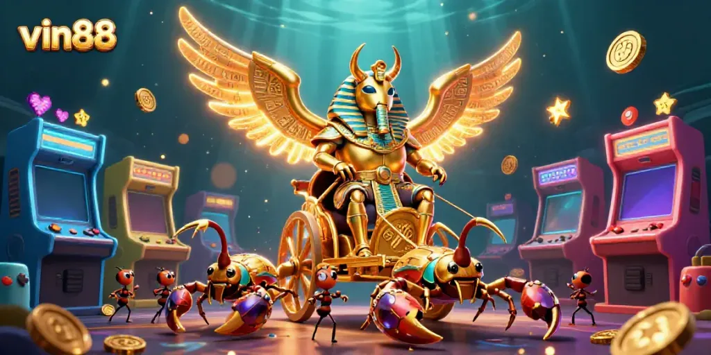 Engage with vin88's top casino experience featuring a vivid 3D illustration of a golden beetle, scorpions, and arcade games.