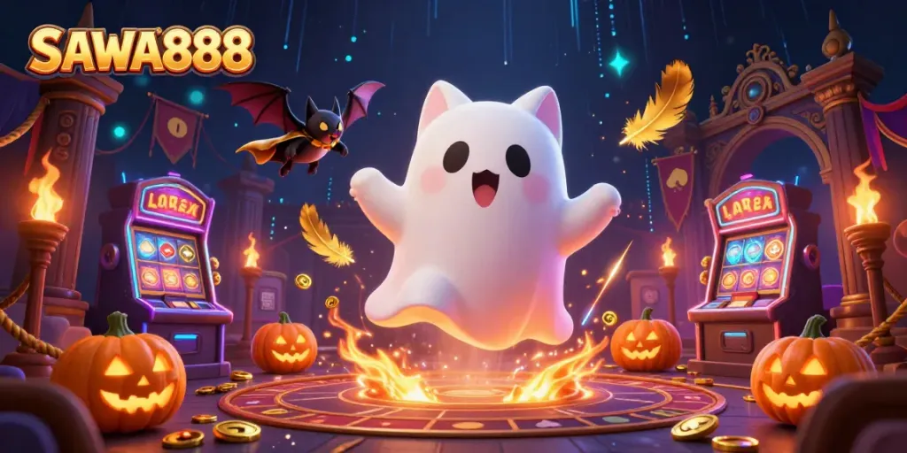 Experience the excitement of SAWA888 with vibrant casino-themed characters and dynamic elements.