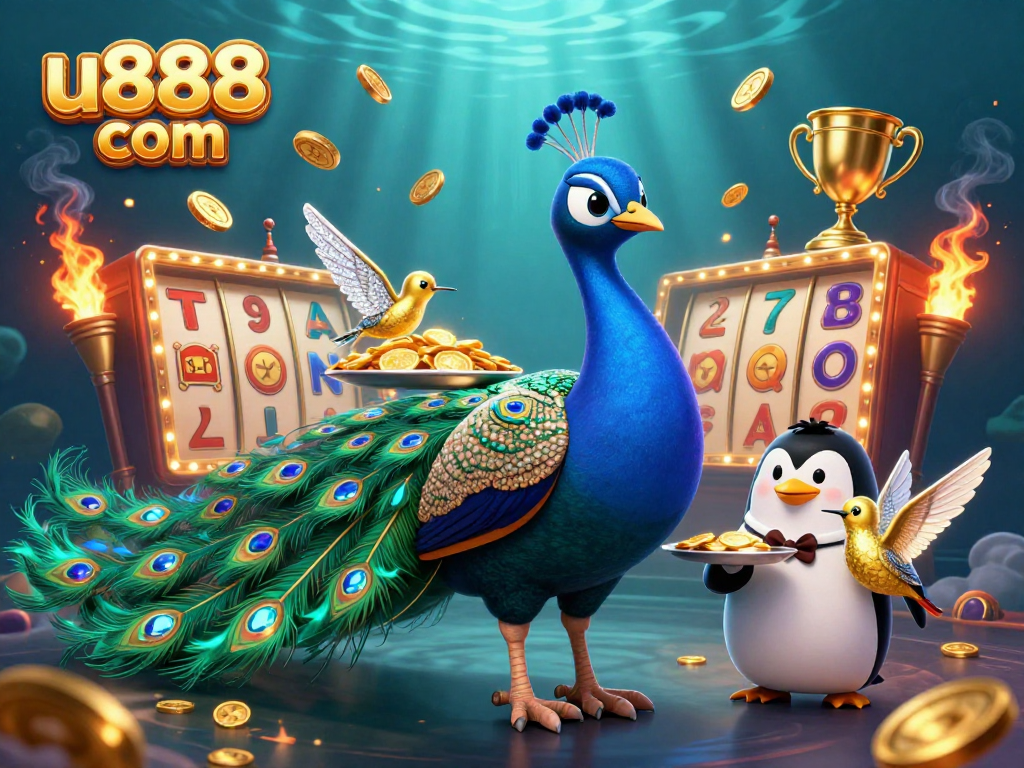 Play and win at u888 com with a colorful scene featuring a peacock, penguin, and a hummingbird amidst vibrant slot elements.